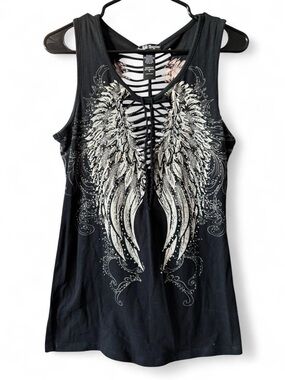 Vintage Y2K Angels Black Tank Top with Silver Wing Graphic